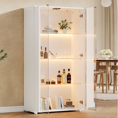 Vitrine à 2 portes en verre, 4 étagères et LED réglable, blanche 80 x 36 x 150 cm (1/5)