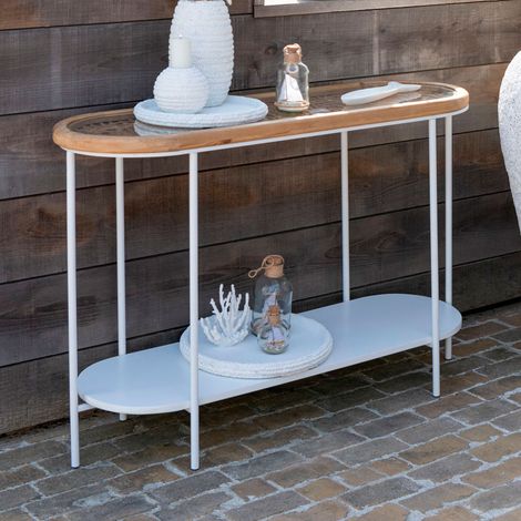 Console 2 niveaux 120x40x80 cm en verre, sapin et métal blanc - ILUZ