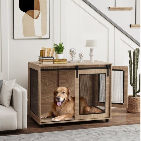 Gabbia per cane da interno 98 x 60 x 78 cm, porta scorrevole, marrone chiaro DESVIAE (1/5)