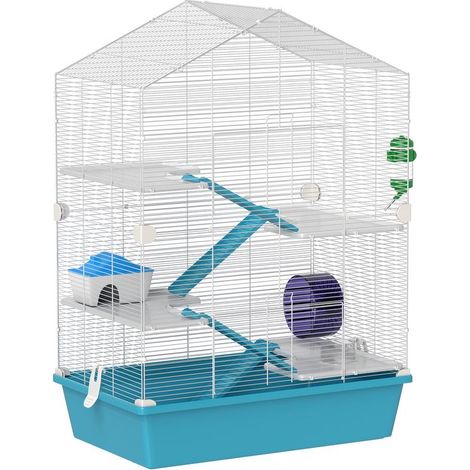 Cage pour hamster bleu clair 5 niveaux avec plateformes, gamelle, biberon et roue, 58x36x81 cm, habitat complet spacieux