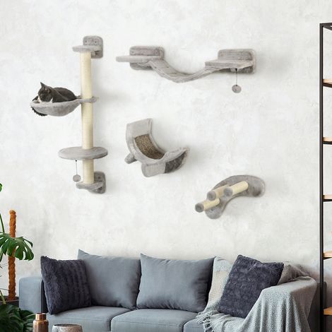 Ensemble mur de escalade pour chat étagère murale hamac pont planche à gratter et balle jusqu 5 kg gris (1/5)