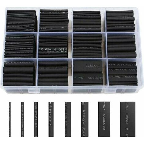 Ulisem Gaine Thermorétractable 650pcs Tube Thermorétractable Noir 8 Tailles Ratio 2:1 Gaine Thermo Retractable Kit, Noire- (1/4)