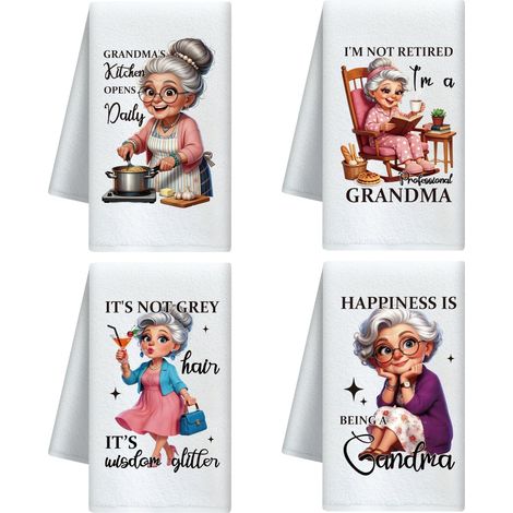 CUTHOLLOW Set de 4 Torchon de Cuisine Décoratifs, Drôle de Grand-mère, Microfibre Douce et Absorbante, Torchons pour Vaisselle, Cuisine, Thé, Café, Bar, Maison, Cadeau pour Crémaillère (1/5)