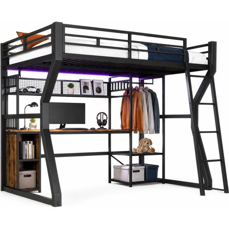 Lit mezzanine 140 x 200 cm sans matelas avec bureau, éclairage LED réglable, prise intégrée, rangement vêtements et étagères, structure métal MDF noir - CHICFURN (1/5)