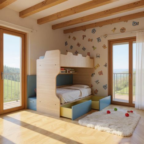 Letto a castello con scala contenitore e terzo letto estraibile - Cameretta salvaspazio - Rovere Rock e Avio