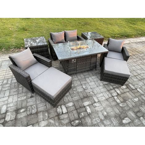 Fimous Outdoor Garden Dining Sets 6 Seater Rattan Patio Furniture Sofa Set with Gas Firepit Table 2 Big Footstool 2 Side Tables Dark Grey Mixed (1/5)