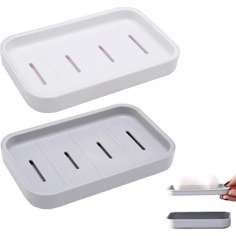 2 Pièces Porte-Savon avec Drain, Support de Savon avec Bac, Porte Savon Douche Plastique Double Couche, Boite à Savon Portable pour Salle de Bain Cuisine Éviers (Gris + Blanc) (1/5)