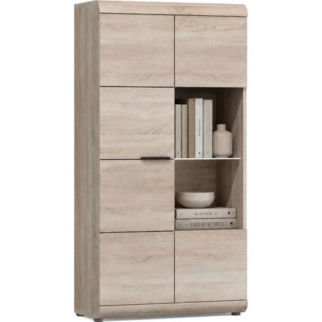 Vitrine Ladavapa, Ausstellungsregal 6 Böden, 2 Türen, mit LED, abgerundete Ecken, 80x37x158h cm, Eichenbraun