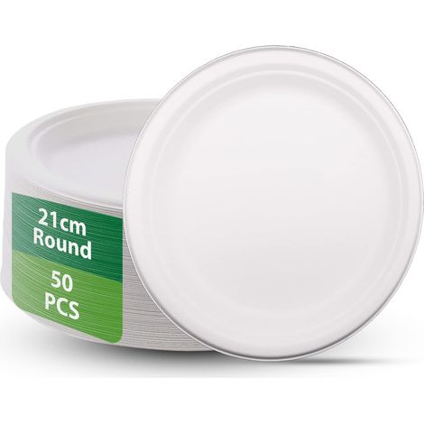 Vaisselle jetable écologique 50 assiettes en canne à sucre 21 cm Sans plastique Vaisselle de fête biodégradable Assiettes de fête jetables (1/5)