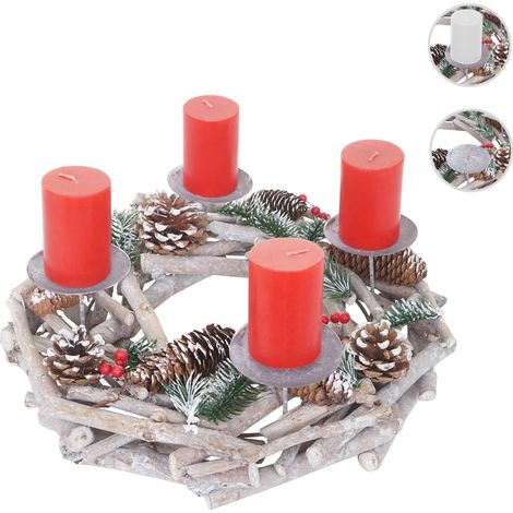 Couronne de l'avent, bois, rond Ø 35cm, blanc-gris - bougies blanches (1/5)