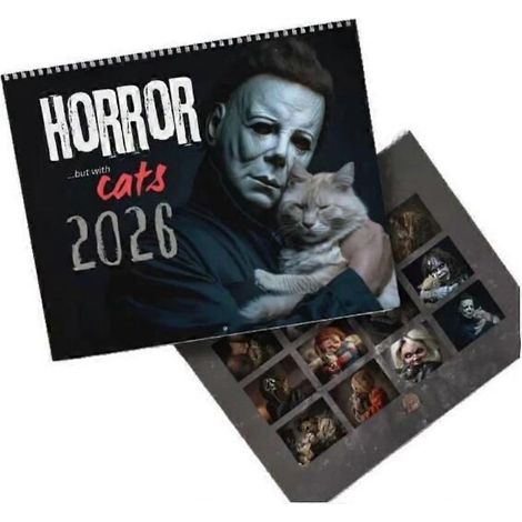 Calendrier mural Halloween 2026 : Films d'horreur et chats – Illustrations félines effrayantes, 28 x 22 cm (1/5)