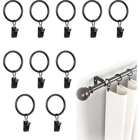 Lot de 16 anneaux de rideau, avec clips, en métal, diamètre intérieur : 25 mm, avec clips, pour rideaux, rideaux de porte et rideaux de douche, noirs (V)