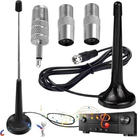 Antenne radio DAB/FM télescopique - 3 adaptateurs et câble d'extension de 3 m - Antenne radio numérique - Antenne radio d'intérieur - Base magnétique (1/5)