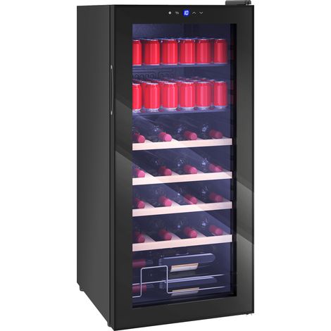 Cave à vin 92 L avec clayettes réglables pour 20 bouteilles et 50 canettes. 43 x 45 x 94 cm. Noire.