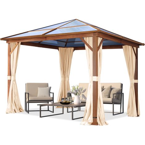 TOOLPORT Garden gazebo 3x3 m hardtop polycarbonate roof, wood finish, 4 side panels in champagne (1/4)