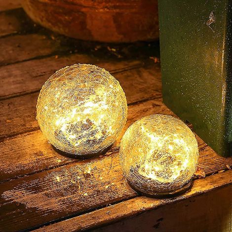 Lampe solaire de jardin extérieure en forme de boule de verre craquelé, étanche, sans fil, LED blanc chaud (1/5)