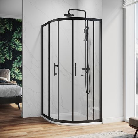 ELEGANT Quadrant Shower Enclosure Black Frame Sliding Cubicle Door (Right Offset) 6mm Tempered Glass 800 x 1000 mm with White Tray + Waste Tray (Black) (1/5)