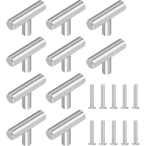 Boutons de meuble en acier inoxydable, boutons de tiroir et de placard de cuisine à trou unique – Finition laiton brossé – Pour cuisines, commodes et salles de bain (Lot de 10, Argent) (1/5)