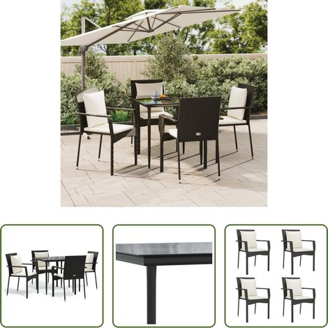 Gartenessgruppe - 5-tlg. Garten-Essgruppe mit Kissen Schwarz Poly Rattan (1/5)