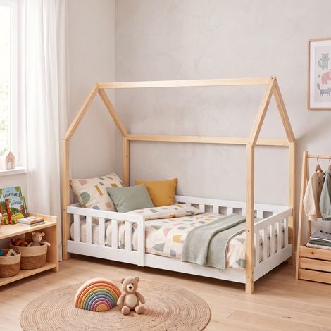 Hausbett Hesel mit Rausfallschutz 80x160 cm Weiß/Natur [en.casa] (1/5)