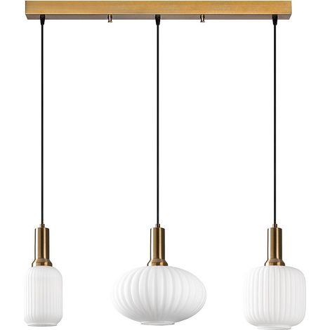 Lustre en métal - Doré et blanc - 3 abat-jours L. 87 x H. 130 cm - OSKA (1/4)