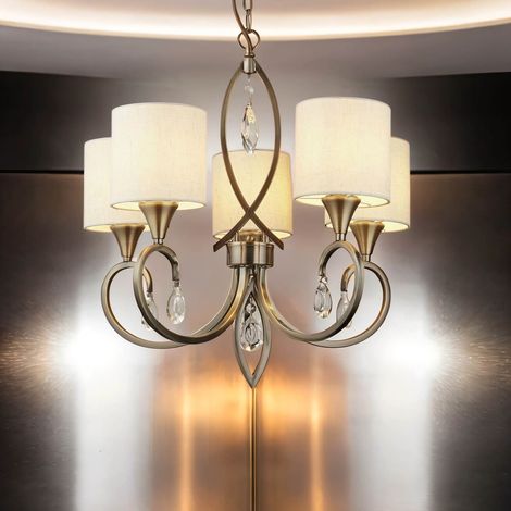 Kristall Kronleuchter Metall Stoff E14 52 cm breit H: max. 120 cm in Messing Antik Natur Klassisch