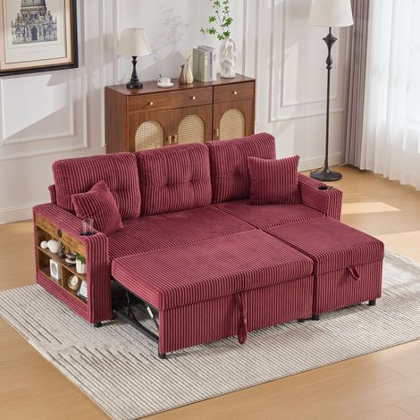 Divano in velluto a coste a 3 posti con contenitore, letto estraibile, porta USB-C, illuminazione a LED, portabicchieri, 196x82x85 cm, rosso bordeaux