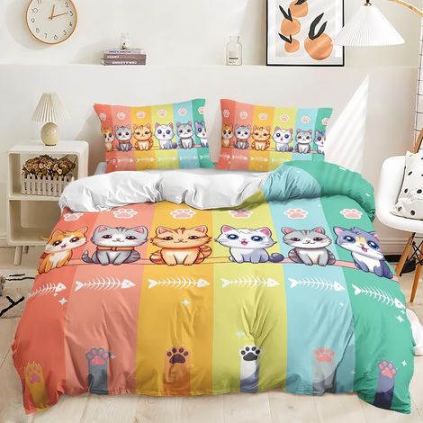 Chat de Dessin Animé Housse de Couette Enfant Chat Arc-en-Ciel Parure de Lit 140x200 Enfant Garçon Fille Adulte Housse de Couette 1 Personne en Microfibre avec Fermeture éClair - 140x200+1x65x65cm (1/5)