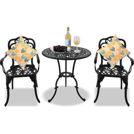 Homeology BANGUI Garden & Patio Table & 2 Large Chairs with Armrests Cast Aluminium Bistro Set - Black (1/5)