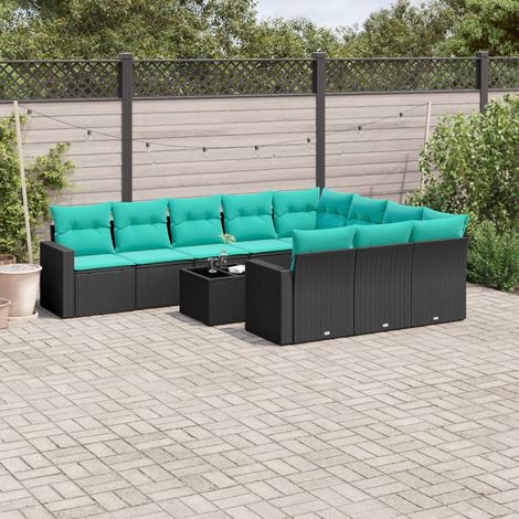 Set de sofás de jardín 11 pzas y cojines ratán sintético negro