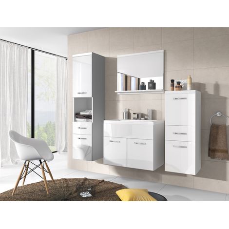 Bratex – Ensemble de meubles de salle de bain avec lavabo – Plateau stratifié 28mm – Armoire haute 133x30x30cm – Couleur blanc brillant