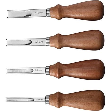 4-teiliges Lederschälmesser-Set, Lederbearbeitungswerkzeug mit Holzgriff (4 mm, 6 mm, 8 mm, 10 mm) zum Schälen von Lederkanten, Abschrägen, Schneiden, Trimmen und Markieren.