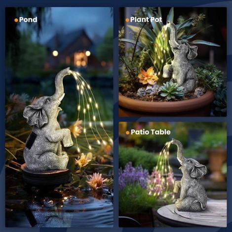 1 Statue éléphant, Résine, LED solaire, Effet eau, Jardin, Terrasse, Étang (1/5)