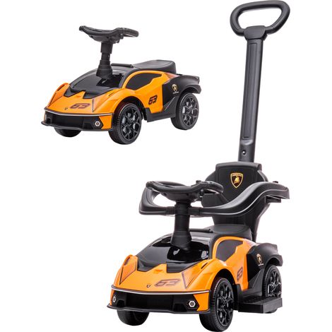 Voiture enfant 2-en-1 avec barre sécurité, 86,5 x40x89, 5 cm, orange et noir, volant et klaxon, PP et métal, jouet d’éveil