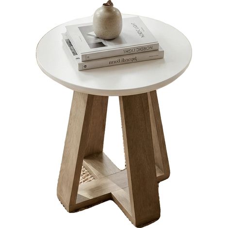 Mesa auxiliar redonda, diseño moderno, fácil montaje, blanca y marrón. (1/2)