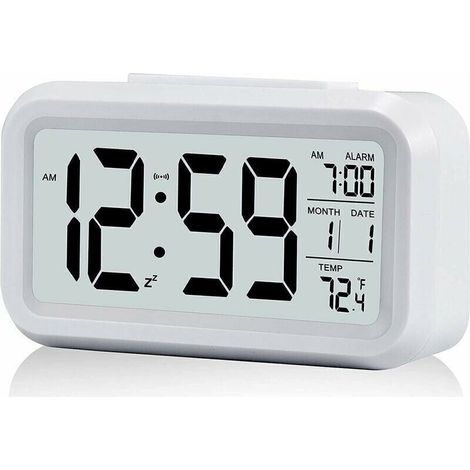 1 pc Réveil Digital Réveil Matin. Horloge Numérique Réveil à Pile Silencieux pour Enfants Adultes Grand écran LED Température Calendrier(Blanc) (1/5)
