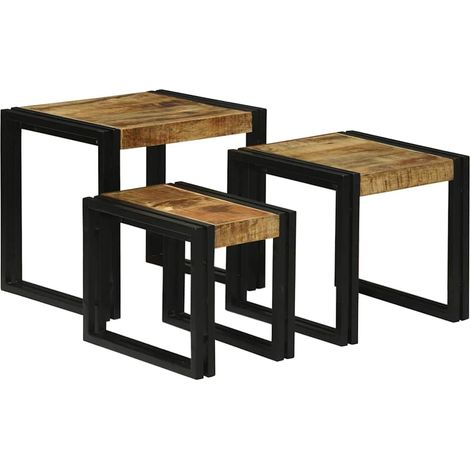 Table Gigogne 3 pcs Bois de Mangue Massif et Métal (1/5)