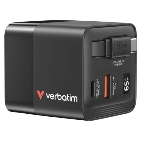 Cargador de Pared Universal Verbatim GaN Charger/ 1xUSB Tipo-C/ 1xUSB/ 1xUSB Tipo-C Macho/ 65W