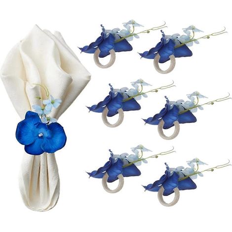 Lot de 6 ronds de serviette artisanaux en forme d'orchidée, supports à fleurs bleues. (1/5)