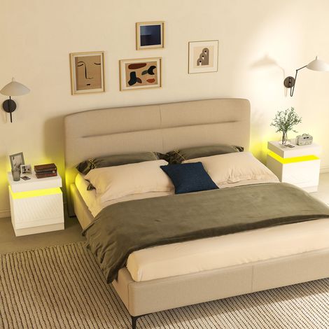 Ensemble de 2 tables de chevet LED avec 16 couleurs et 4 modes d'éclairage, 2 tiroirs, en bois, 45 x 35 x 52 cm, blanc brillant (1/5)