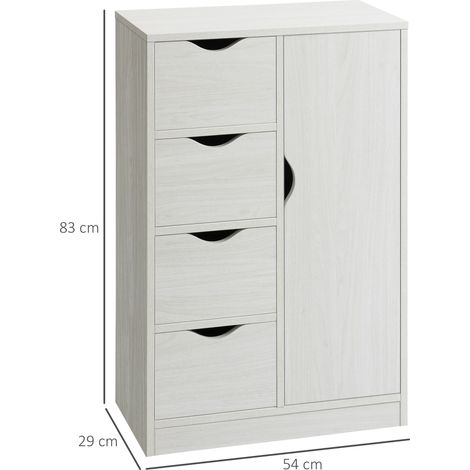 Meuble de salle de bain à 4 tiroirs, 2 niveaux, poignées sculptées, en bois, 54 x 29 x 83 cm, blanc (1/5)