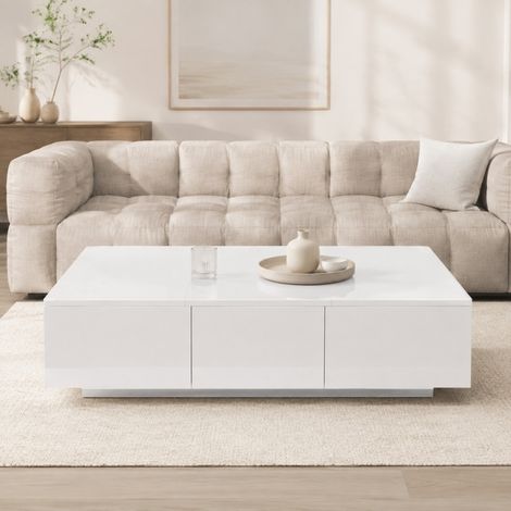 Table basse de salon avec rangements cachés et 2 tiroirs, 100 x 50 x 31 cm, blanc brillant DESVIAE (1/5)