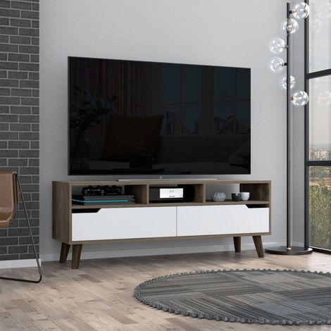 Mobile TV Oslo con mensola, dimensioni 51 cm L x 137 cm H x 39 cm P, colore bianco con finitura Gland (1/5)