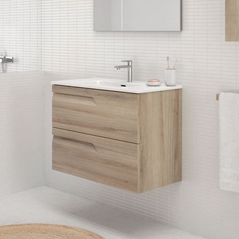 Ensemble de meubles de salle de bain avec 2 tiroirs compacts VITALE - ROYO Couleur : Beige Nature - Options : Meuble + Vasque - Dim. : 80 cm - Profondeur : 46 cm (1/2)
