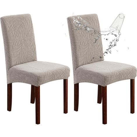 Lot de 2 housses de chaise imperméables pour salle à manger, housses extensibles en jacquard pour chaises de cuisine, amovibles et lavables, pour cuisine, hôtel, restaurant (Feuilles - Gris (1/5)