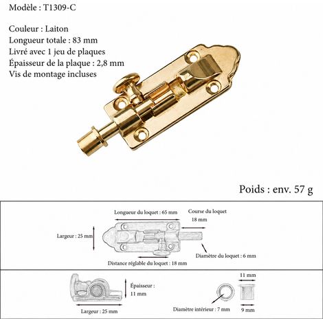 Verrou à coulisse carré en laiton avec douille en cuivre, 8,3 cm 8.3 cm réf 7262 8,3 × 2,5 × 1,1 cm 57 g – Livraison gratuite