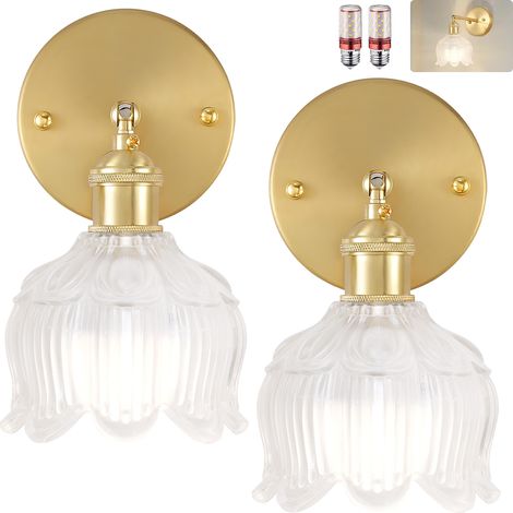 Lot de 2 appliques murales avec ampoule, lampes de chevet vintage, appliques murales pour miroir de salle de bain, applique murale fleur en verre (1/5)