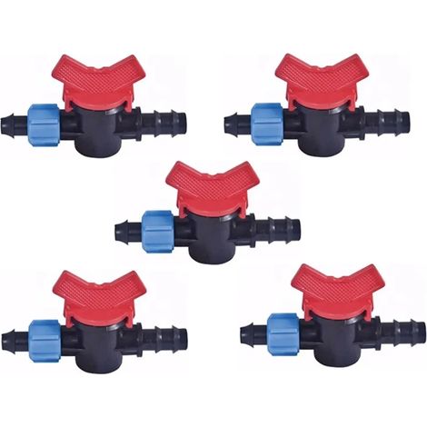 Válvula de paso cinta goteo 12mm a tubo goteo 16mm. Pack de 5 unidades.  La válvula de paso utilizada para conectar un tubo de goteo 16mm y una toma de derivación de 12mm, está hecha de plástico de (1/5)