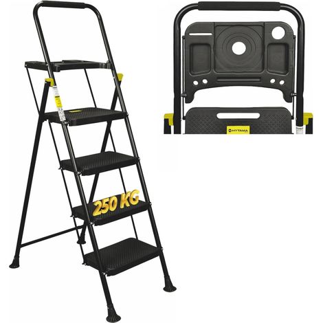 HYTAMA Scala Scaletta Sgabello Pieghevole "BLACK MAX PLUS" 4 GRADINI CON VASCHETTA PORTA ATTREZZI Salvaspazio con Gradini Antiscivolo e Impugnatura Soft in Gomma per Sicurezza Portata max150kg (4 GRAD
