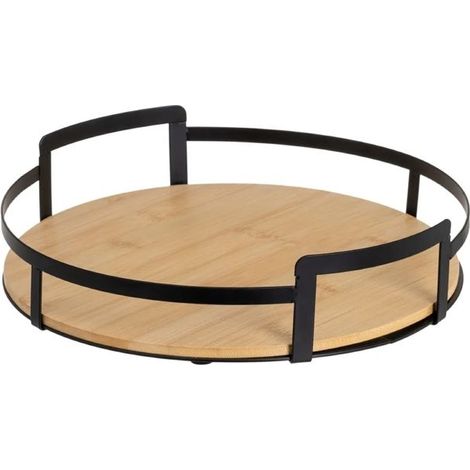 Plateau de service - JUANIO - 29x29x6 cm - Cadre métal noir - Socle bambou - Poignées pratiques (1/4)